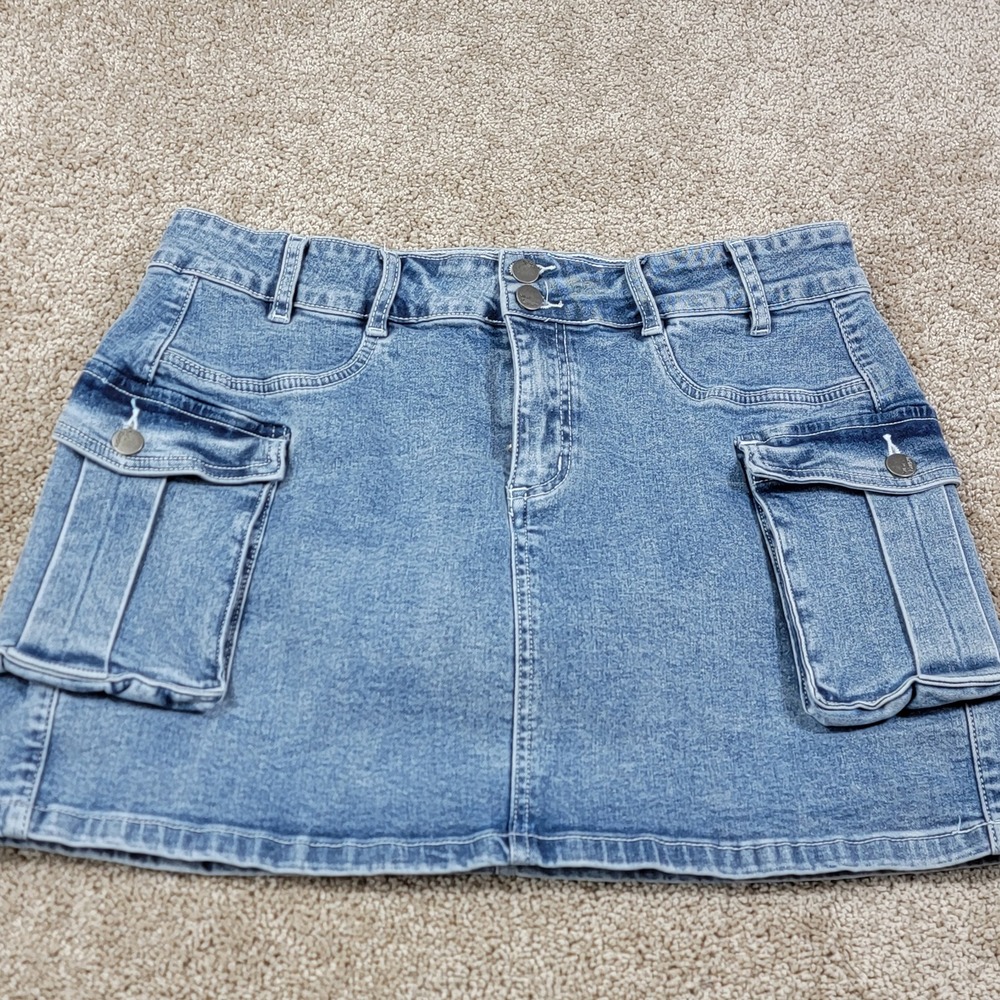 Elleven Womens Blue Denim Cargo Mini Skirt XL Medium Wash Stretch E103